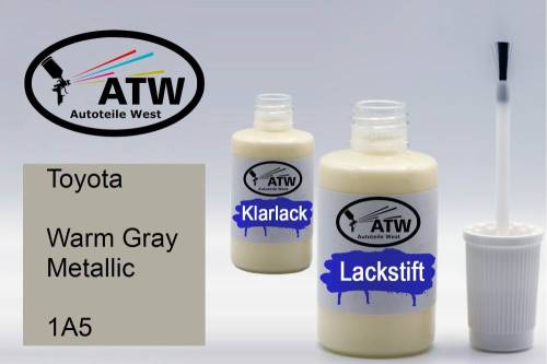 Toyota, Warm Gray Metallic, 1A5: 20ml Lackstift + 20ml Klarlack - Set, von ATW Autoteile West.